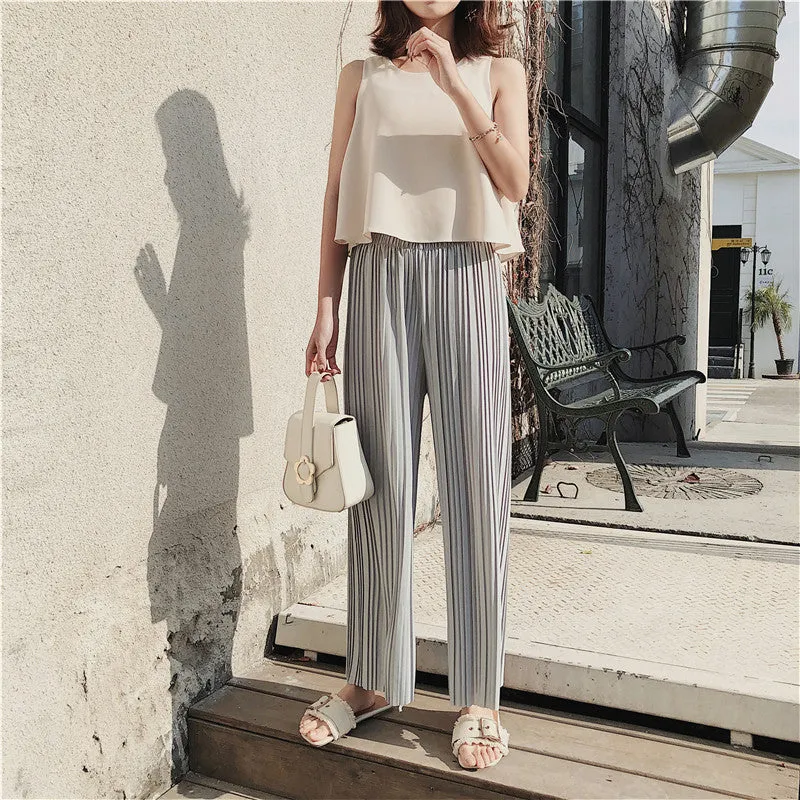 Korean Summer High Waist Pleated Chiffon Wide Leg Pants Women Student Hong Kong Loose Pants