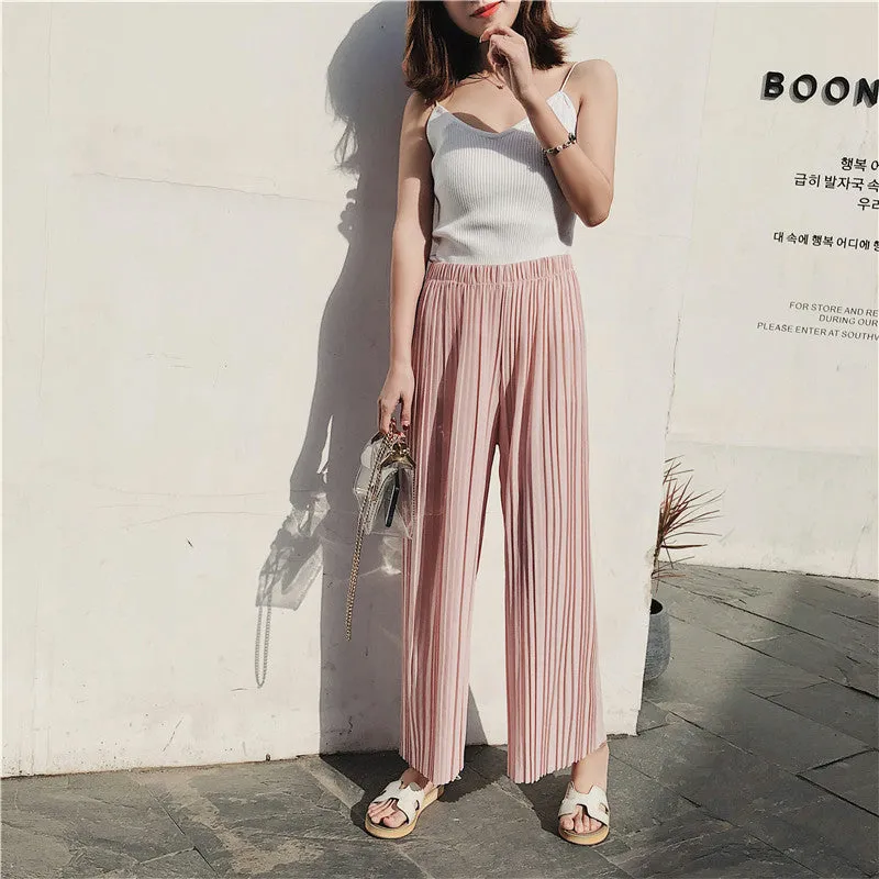 Korean Summer High Waist Pleated Chiffon Wide Leg Pants Women Student Hong Kong Loose Pants