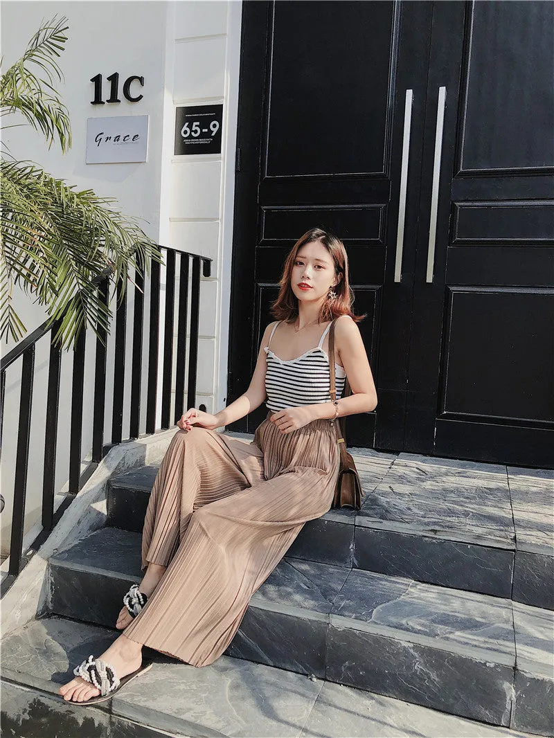 Korean Summer High Waist Pleated Chiffon Wide Leg Pants Women Student Hong Kong Loose Pants