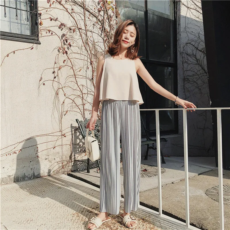 Korean Summer High Waist Pleated Chiffon Wide Leg Pants Women Student Hong Kong Loose Pants