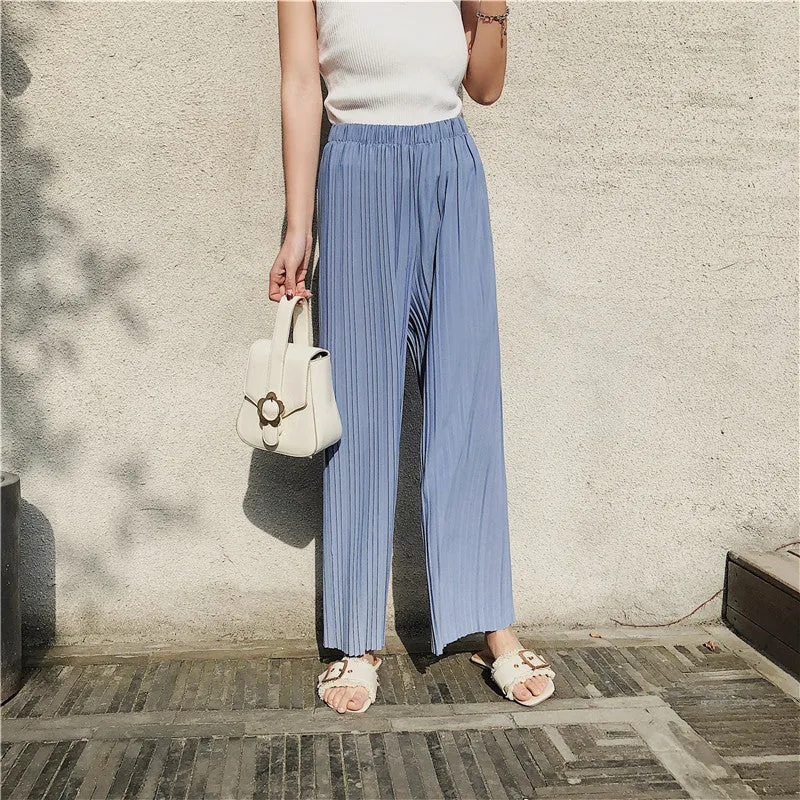 Korean Summer High Waist Pleated Chiffon Wide Leg Pants Women Student Hong Kong Loose Pants