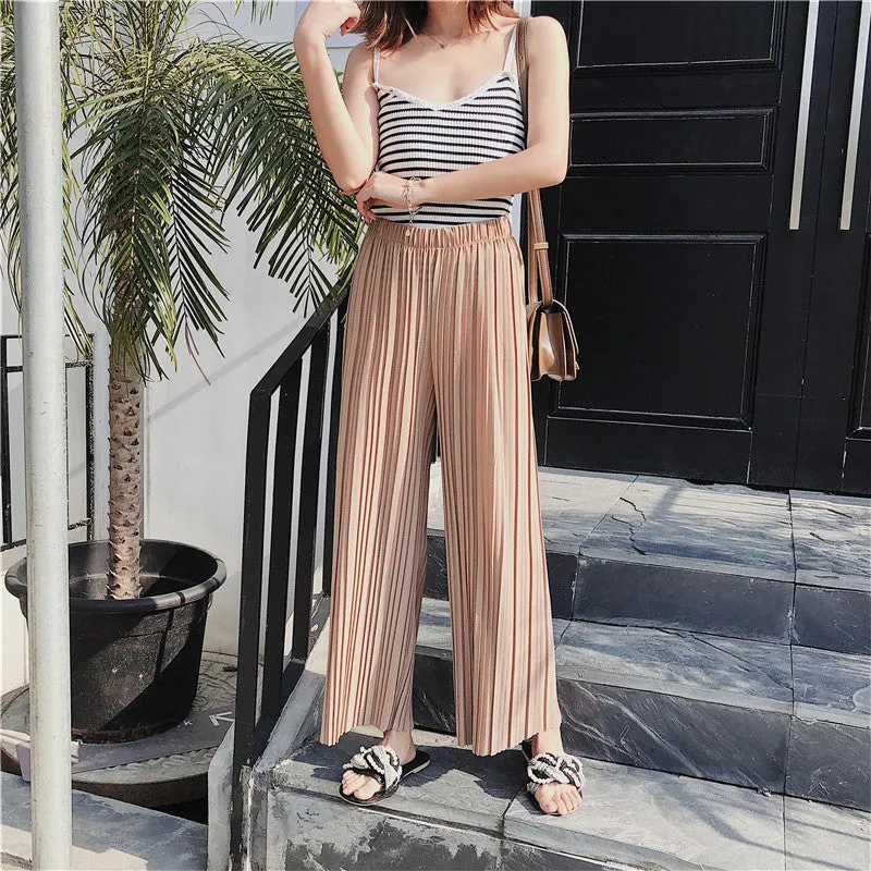 Korean Summer High Waist Pleated Chiffon Wide Leg Pants Women Student Hong Kong Loose Pants
