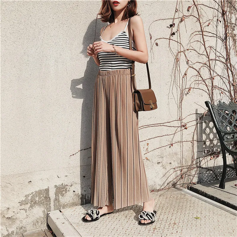 Korean Summer High Waist Pleated Chiffon Wide Leg Pants Women Student Hong Kong Loose Pants