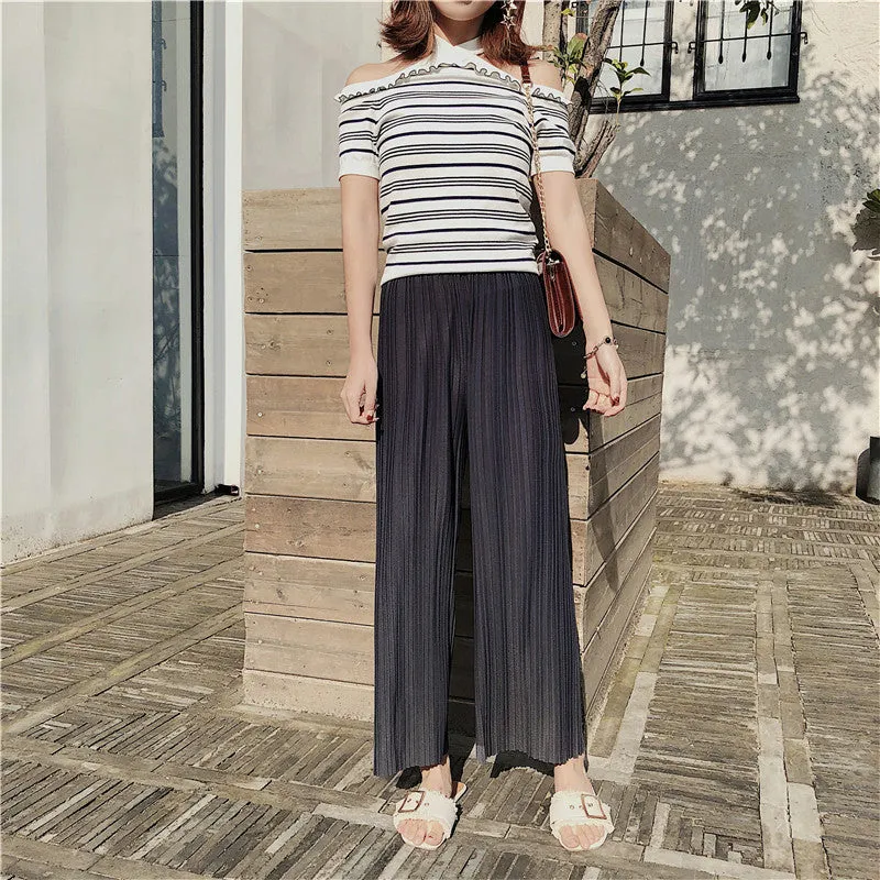 Korean Summer High Waist Pleated Chiffon Wide Leg Pants Women Student Hong Kong Loose Pants