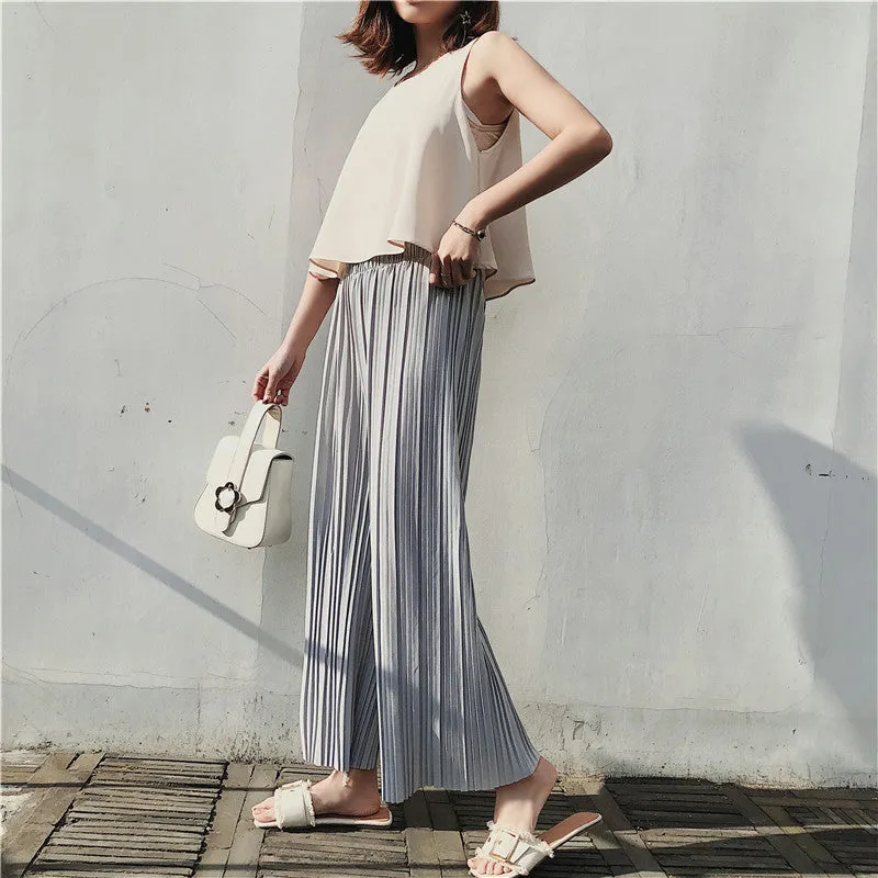 Korean Summer High Waist Pleated Chiffon Wide Leg Pants Women Student Hong Kong Loose Pants