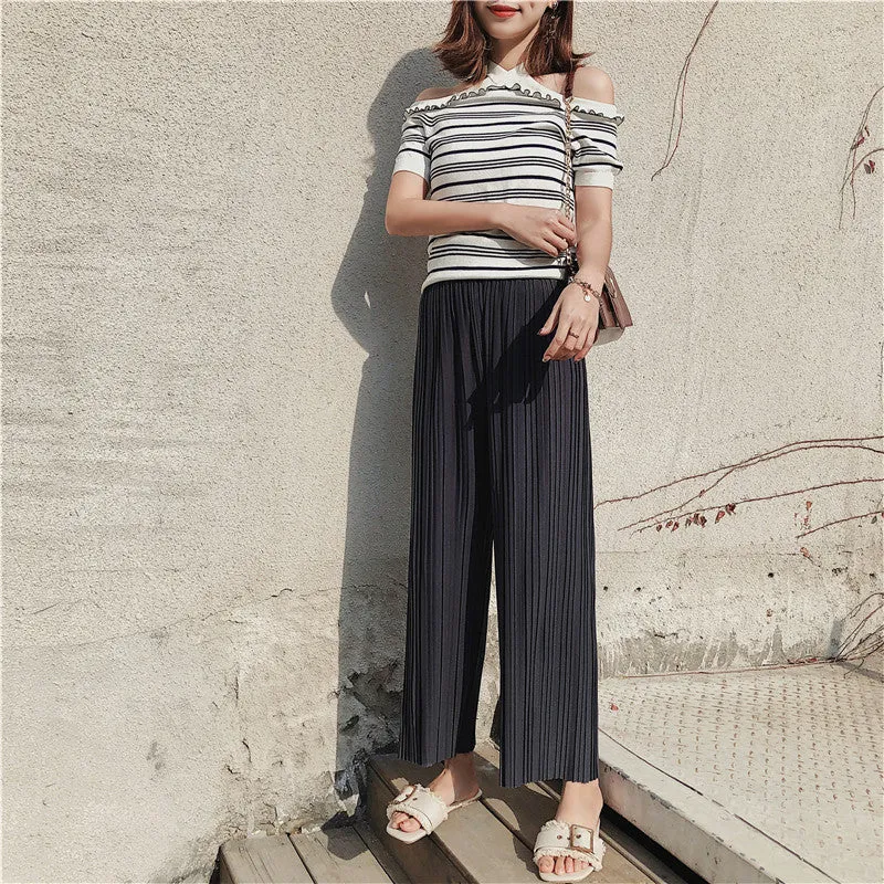 Korean Summer High Waist Pleated Chiffon Wide Leg Pants Women Student Hong Kong Loose Pants