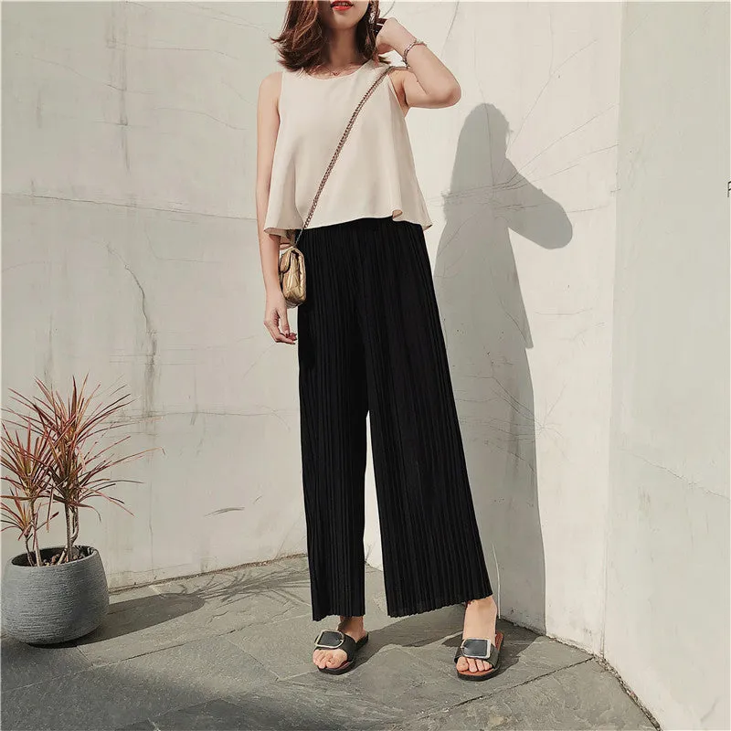 Korean Summer High Waist Pleated Chiffon Wide Leg Pants Women Student Hong Kong Loose Pants