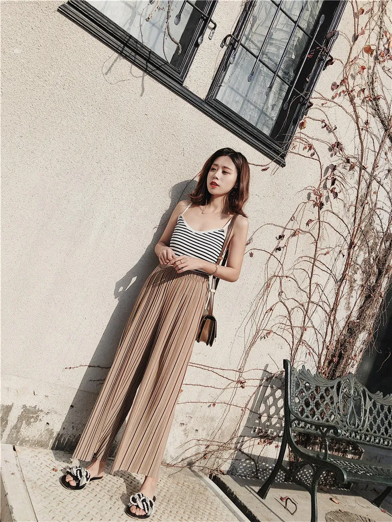 Korean Summer High Waist Pleated Chiffon Wide Leg Pants Women Student Hong Kong Loose Pants