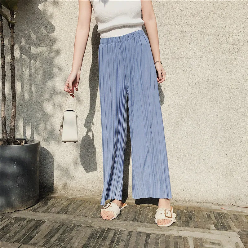Korean Summer High Waist Pleated Chiffon Wide Leg Pants Women Student Hong Kong Loose Pants