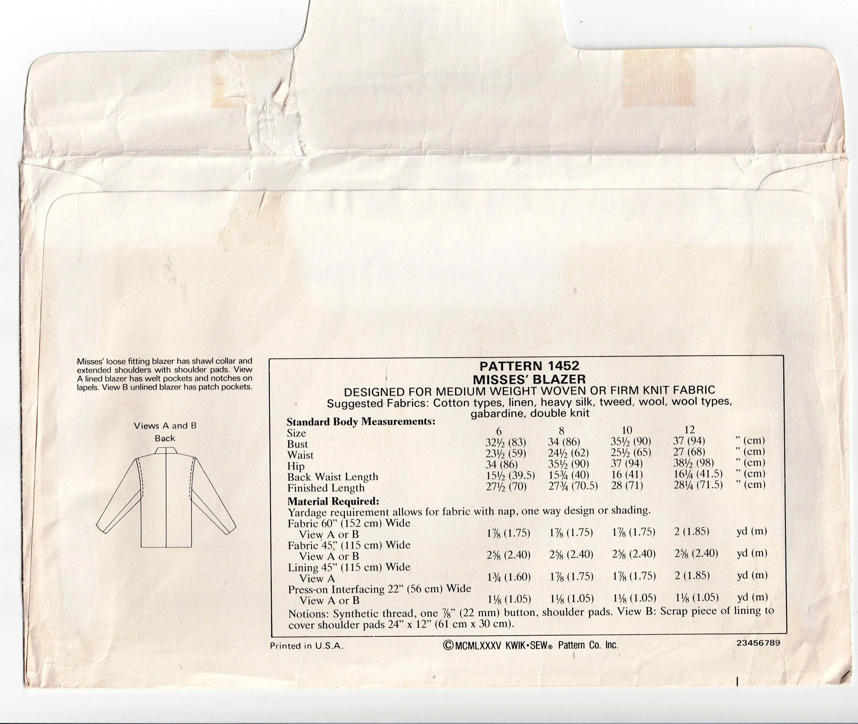 Kwik Sew 1452 Womens Blazer Style Jackets 1980s Vintage Sewing Pattern Bust 32.5 - 37 inches UNCUT Factory Folded