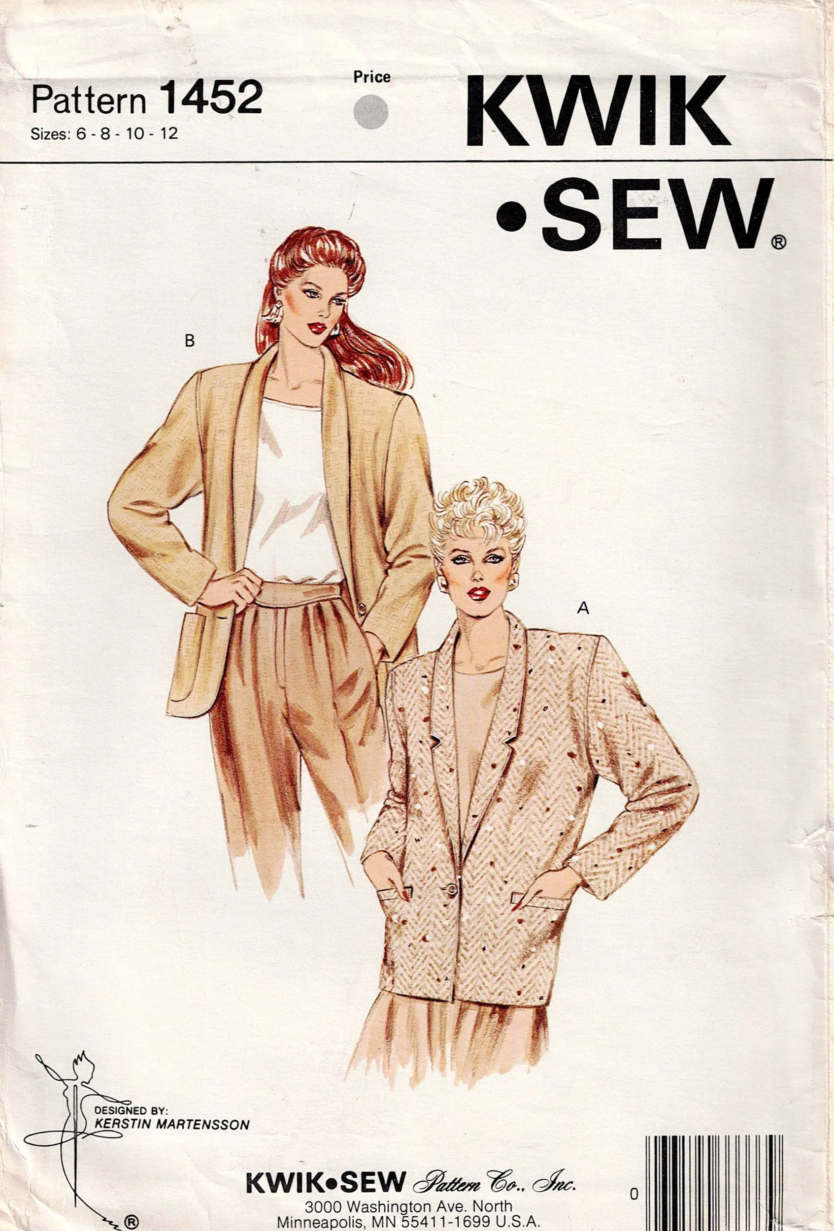 Kwik Sew 1452 Womens Blazer Style Jackets 1980s Vintage Sewing Pattern Bust 32.5 - 37 inches UNCUT Factory Folded