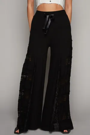 Lace Contrast Adjustable Strap Solid Wide Pants - Black