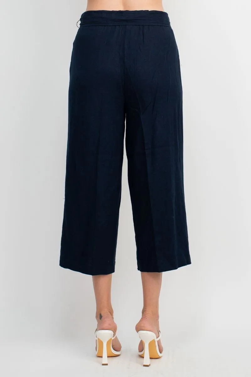Land N Sea Elastic Mid Waist Tie Waist Wide Leg Linen Pant with Pockets