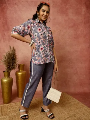 Lavender Floral Print Shirt With Pants Co-ord Sets