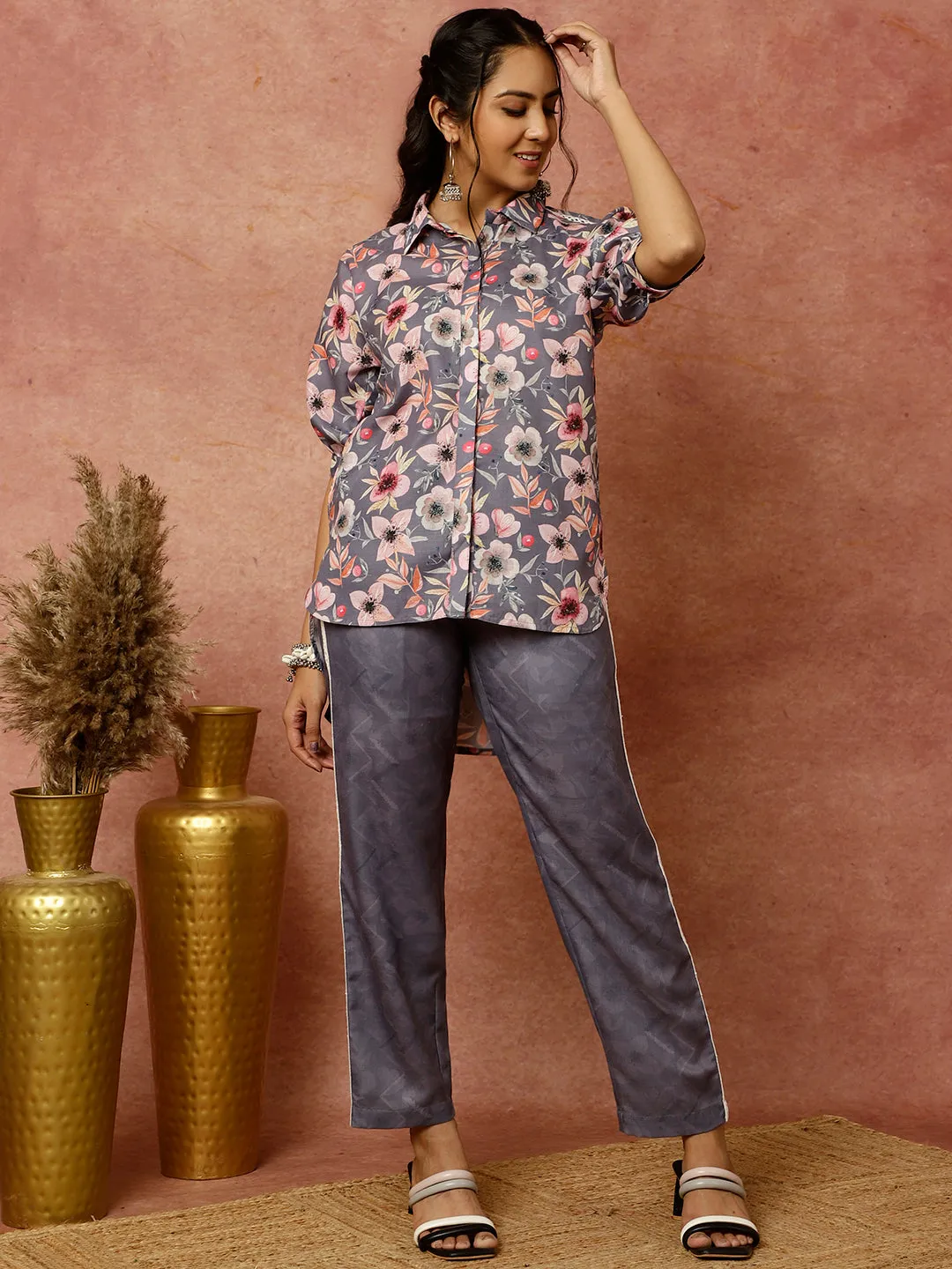 Lavender Floral Print Shirt With Pants Co-ord Sets