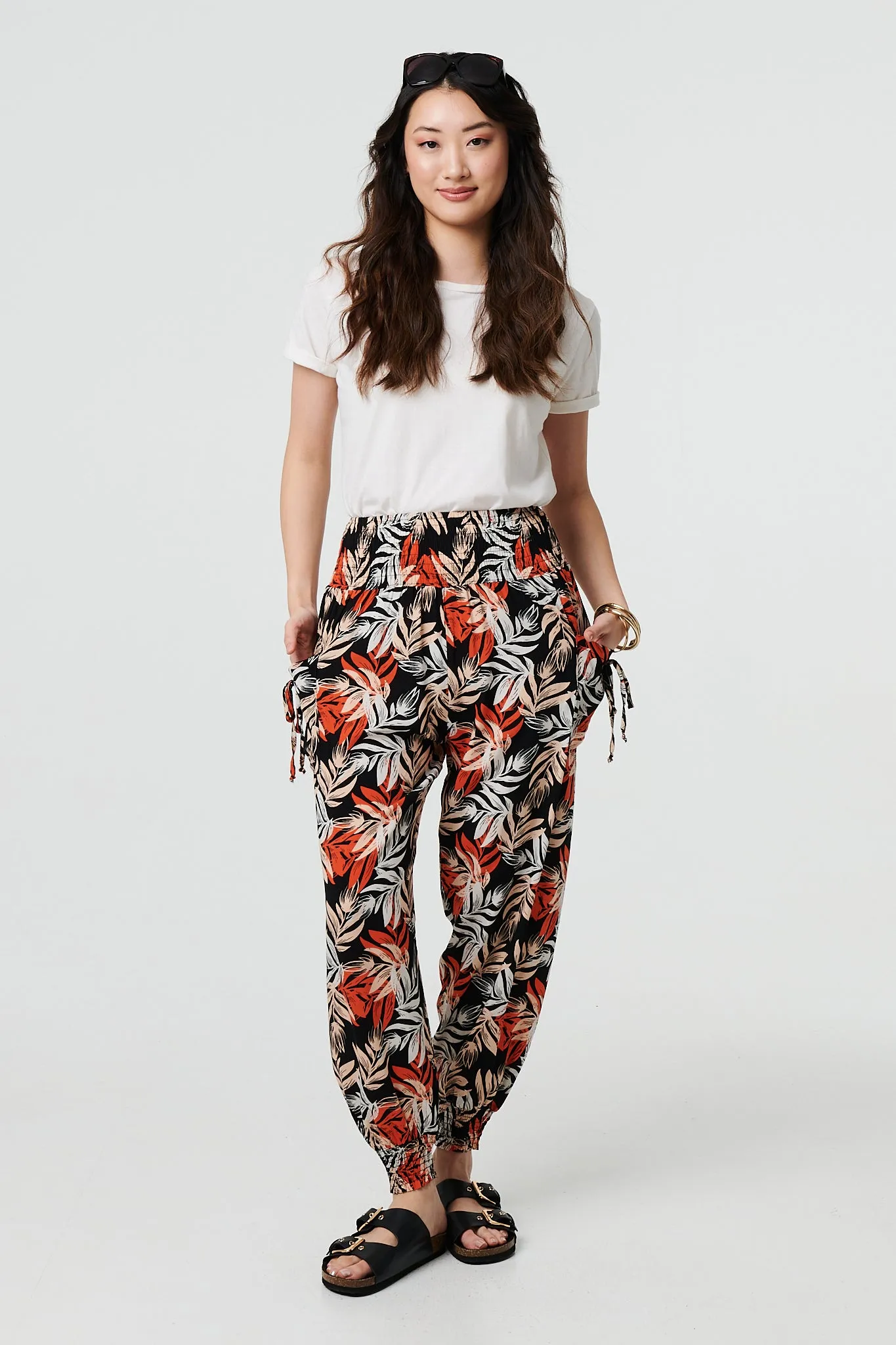 Leaf Print High Waist Shirred Harem Pants