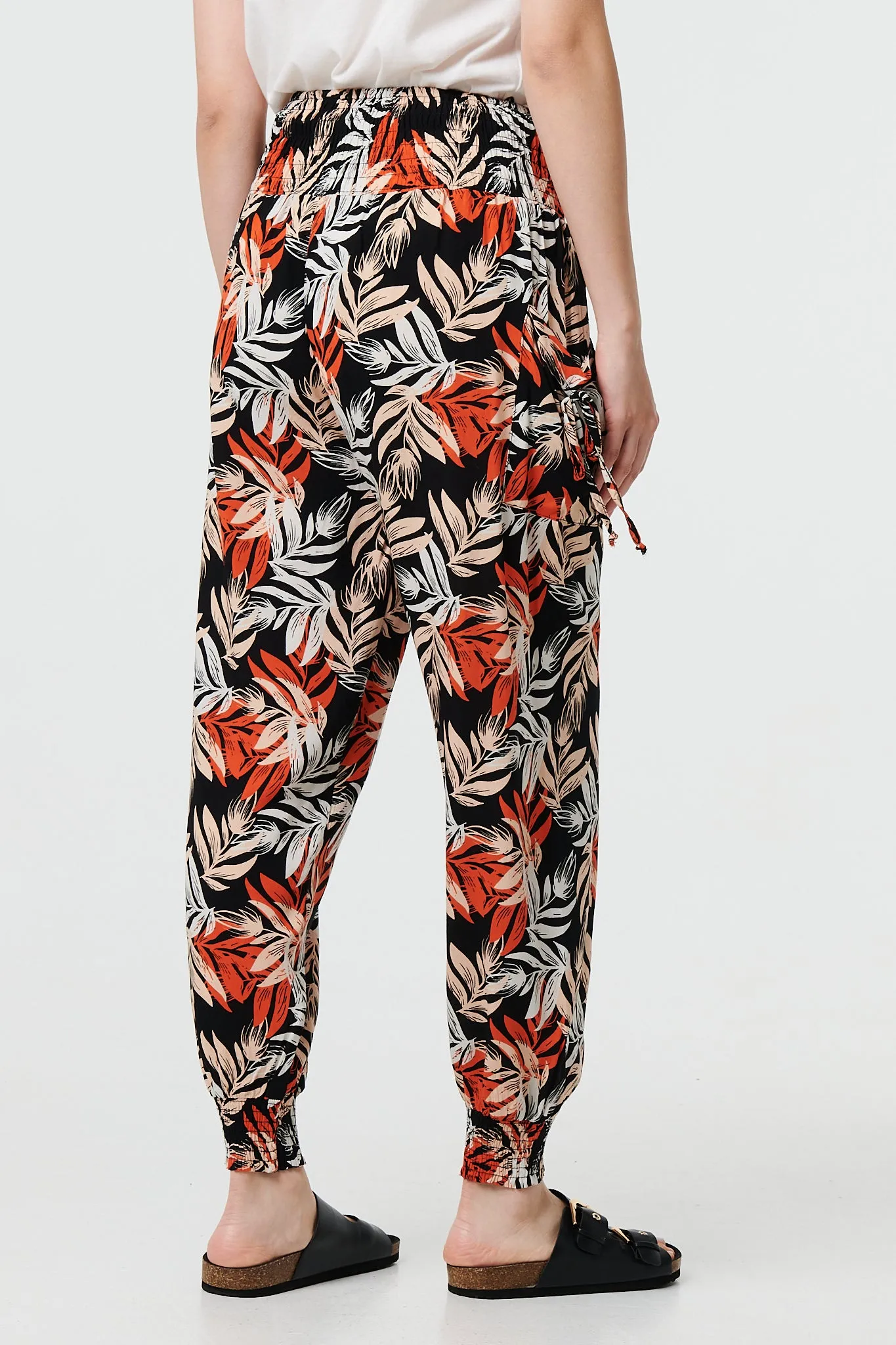 Leaf Print High Waist Shirred Harem Pants