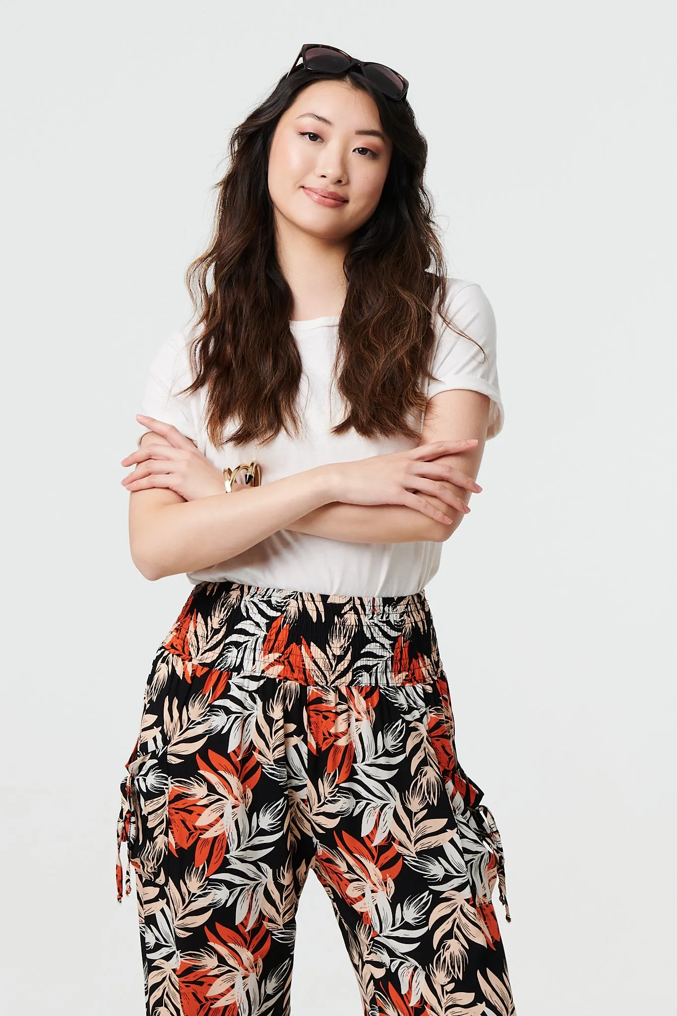 Leaf Print High Waist Shirred Harem Pants