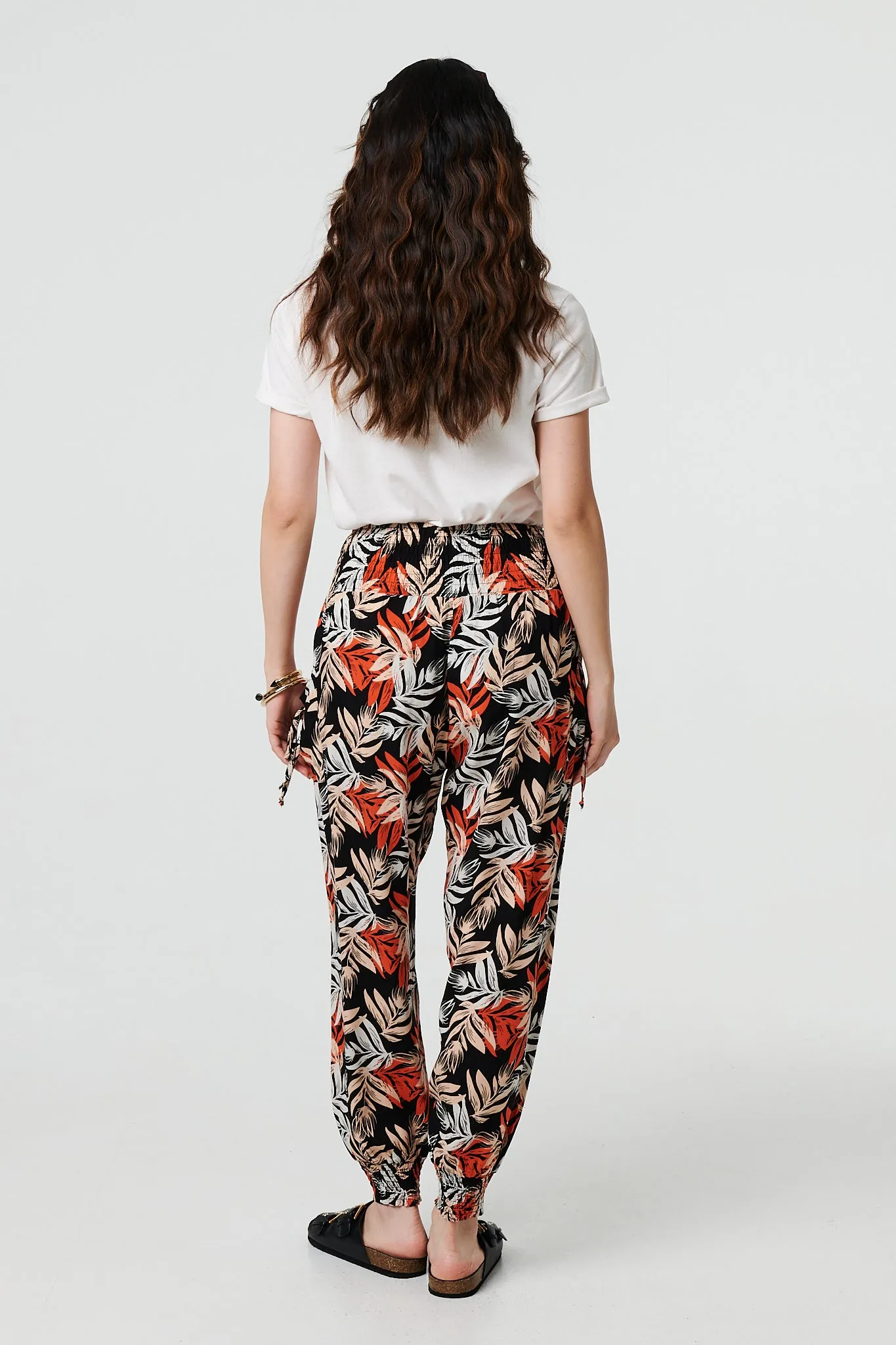 Leaf Print High Waist Shirred Harem Pants