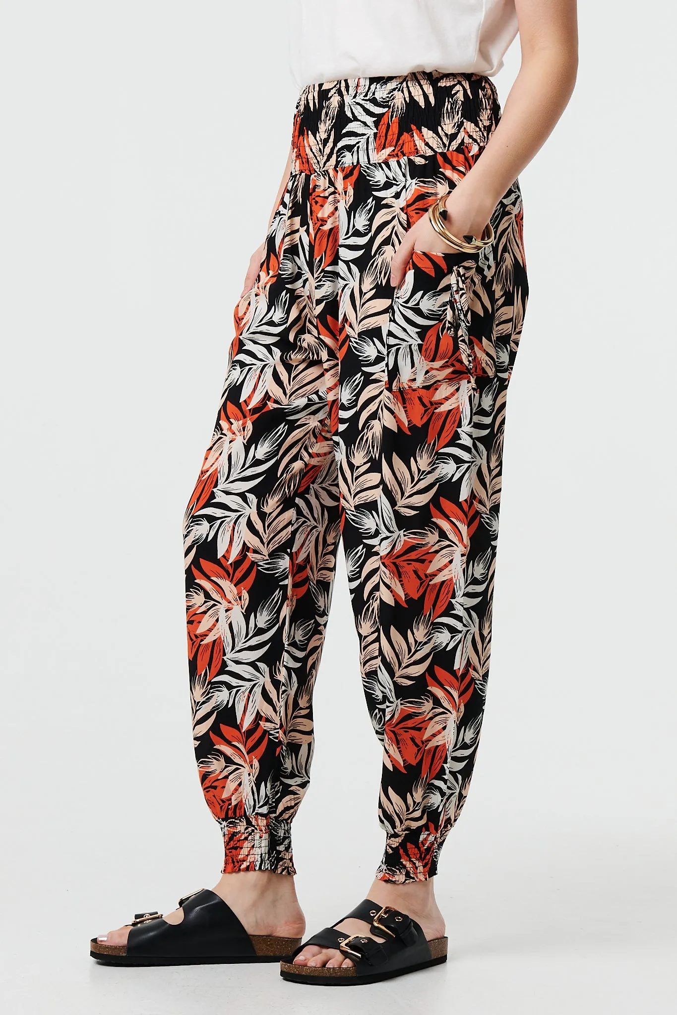 Leaf Print High Waist Shirred Harem Pants