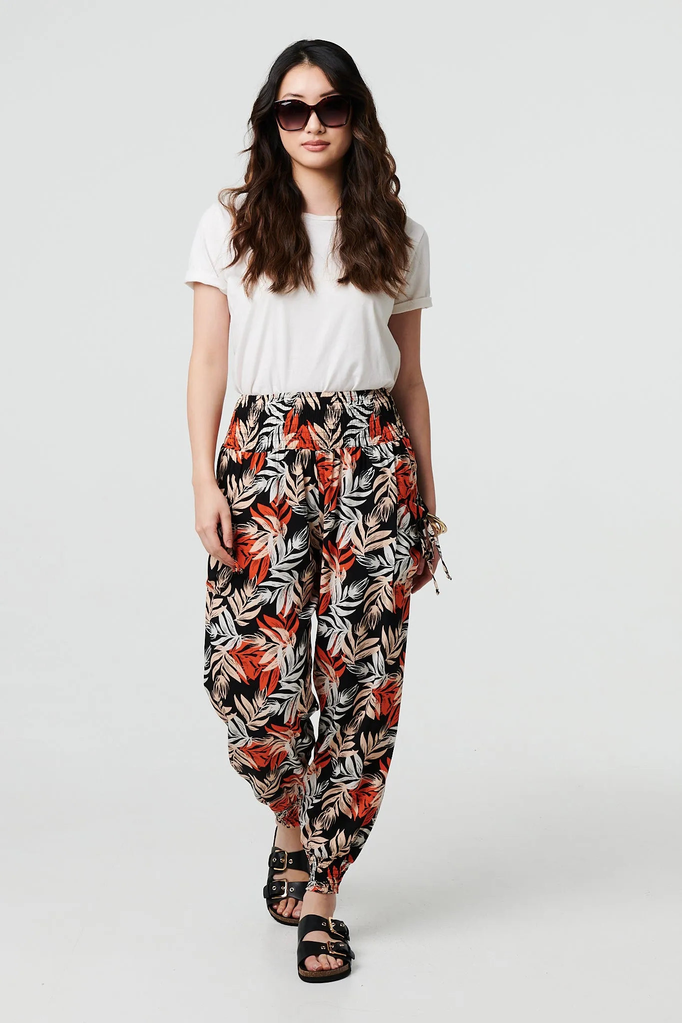 Leaf Print High Waist Shirred Harem Pants