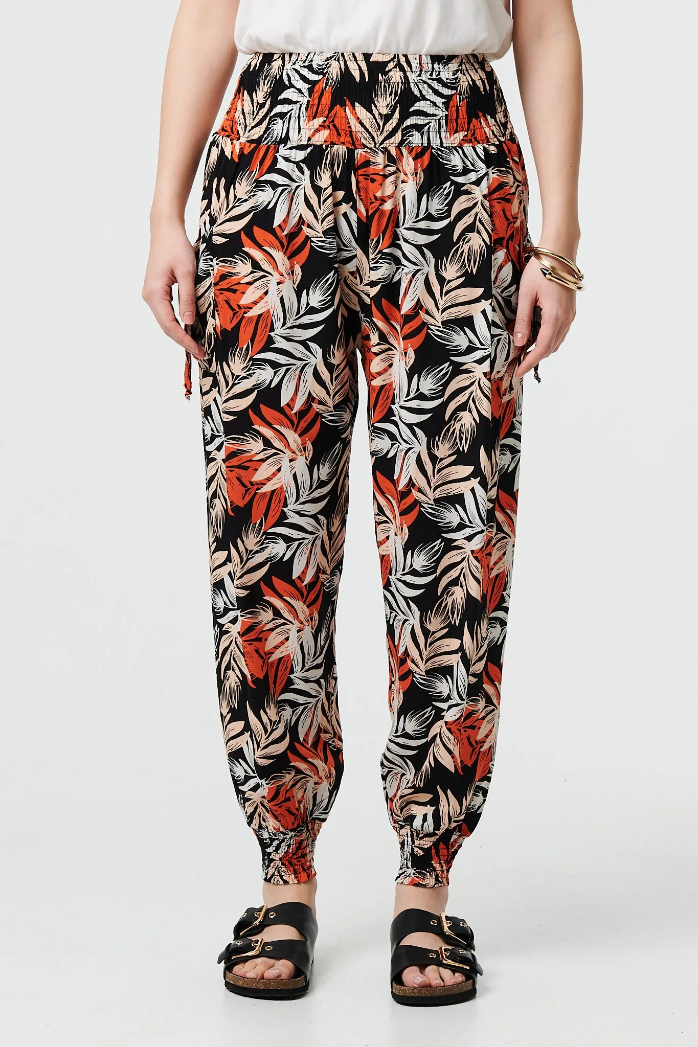 Leaf Print High Waist Shirred Harem Pants