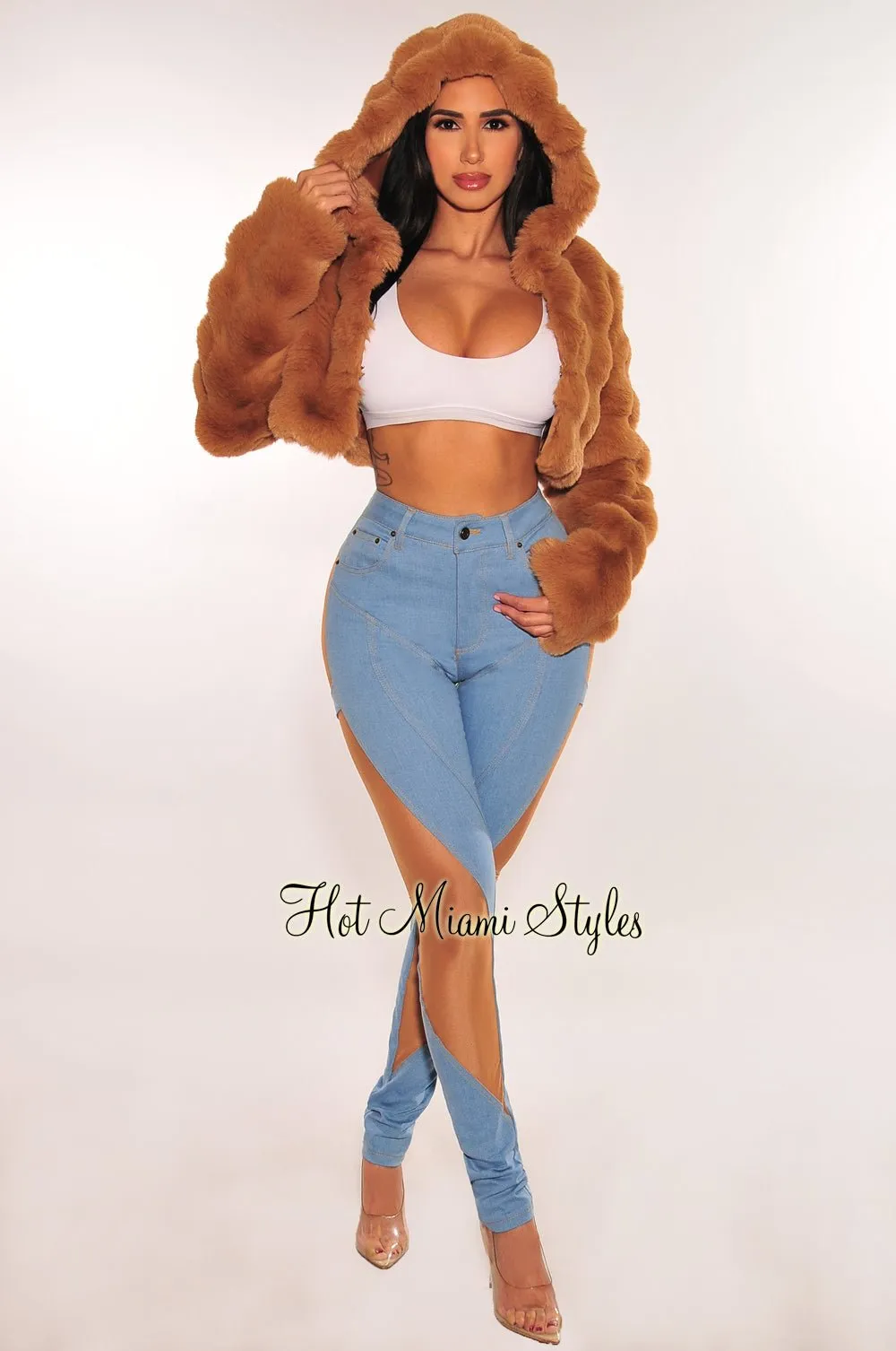 Light Denim High Waist Mesh Nude Illusion Pants