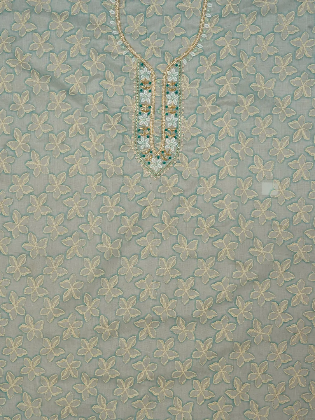 Light Green Floral Printed Embellished Cotton Dress Material with Dupatta