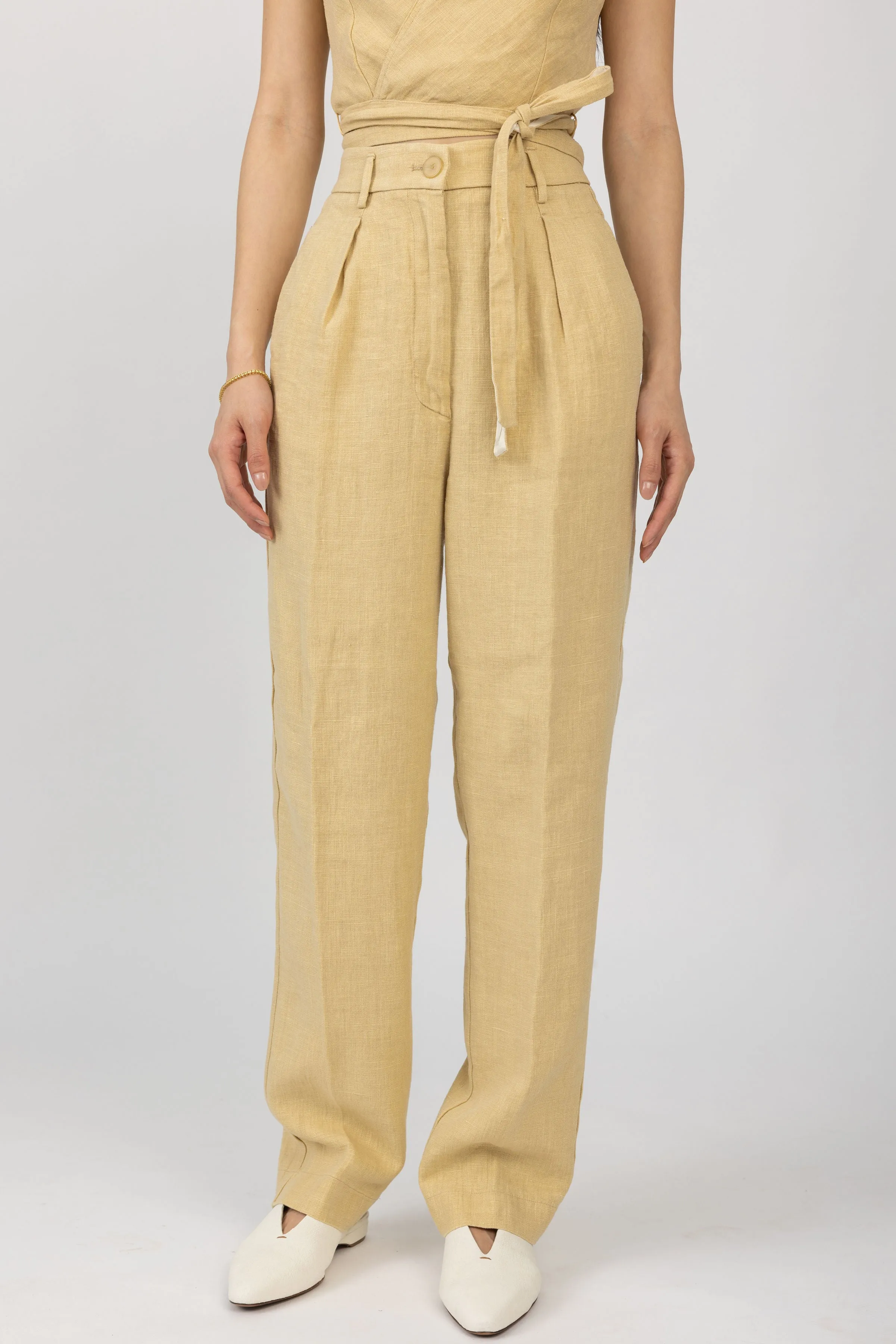 Linen Canvas High Waist Pant in Gold