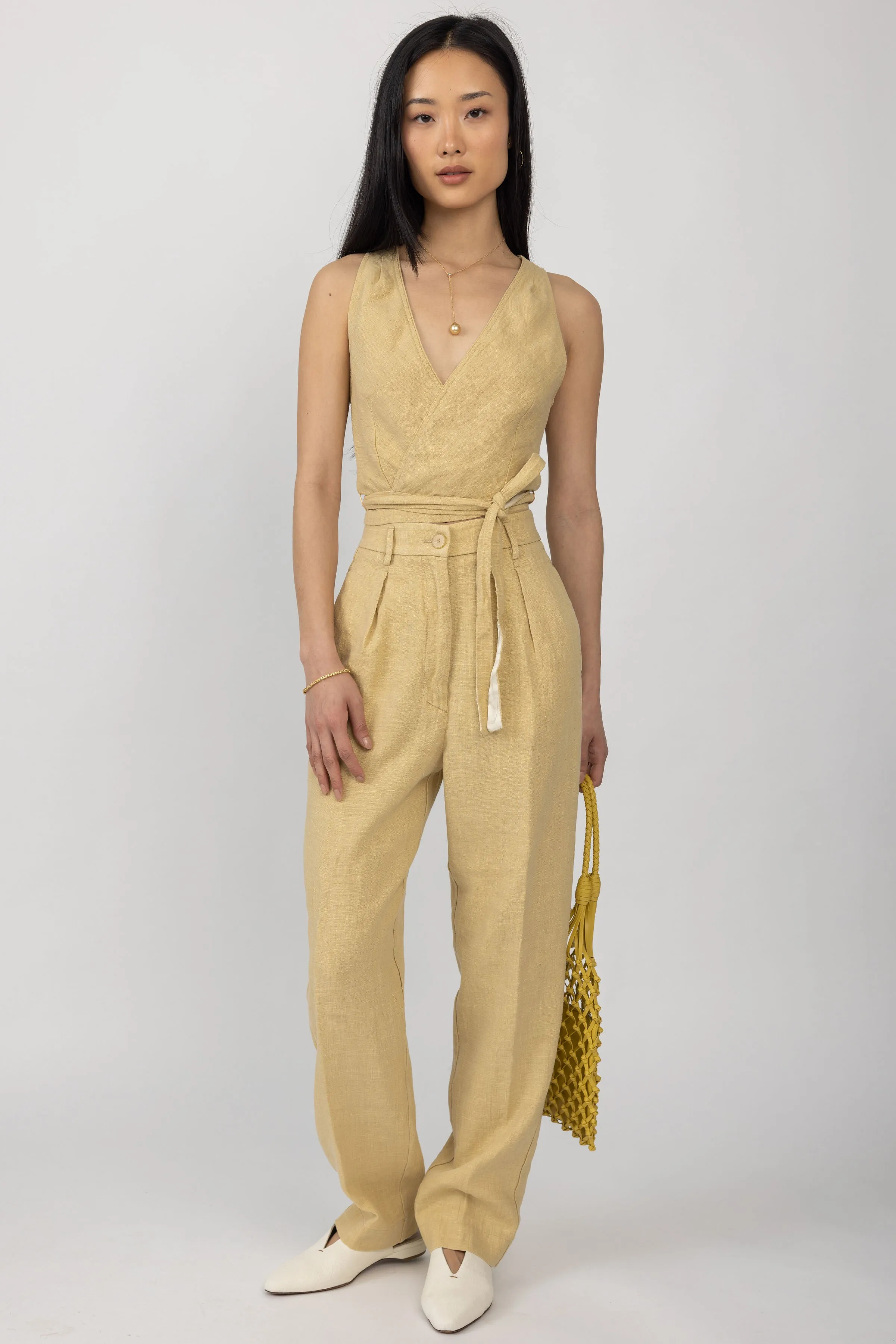 Linen Canvas High Waist Pant in Gold