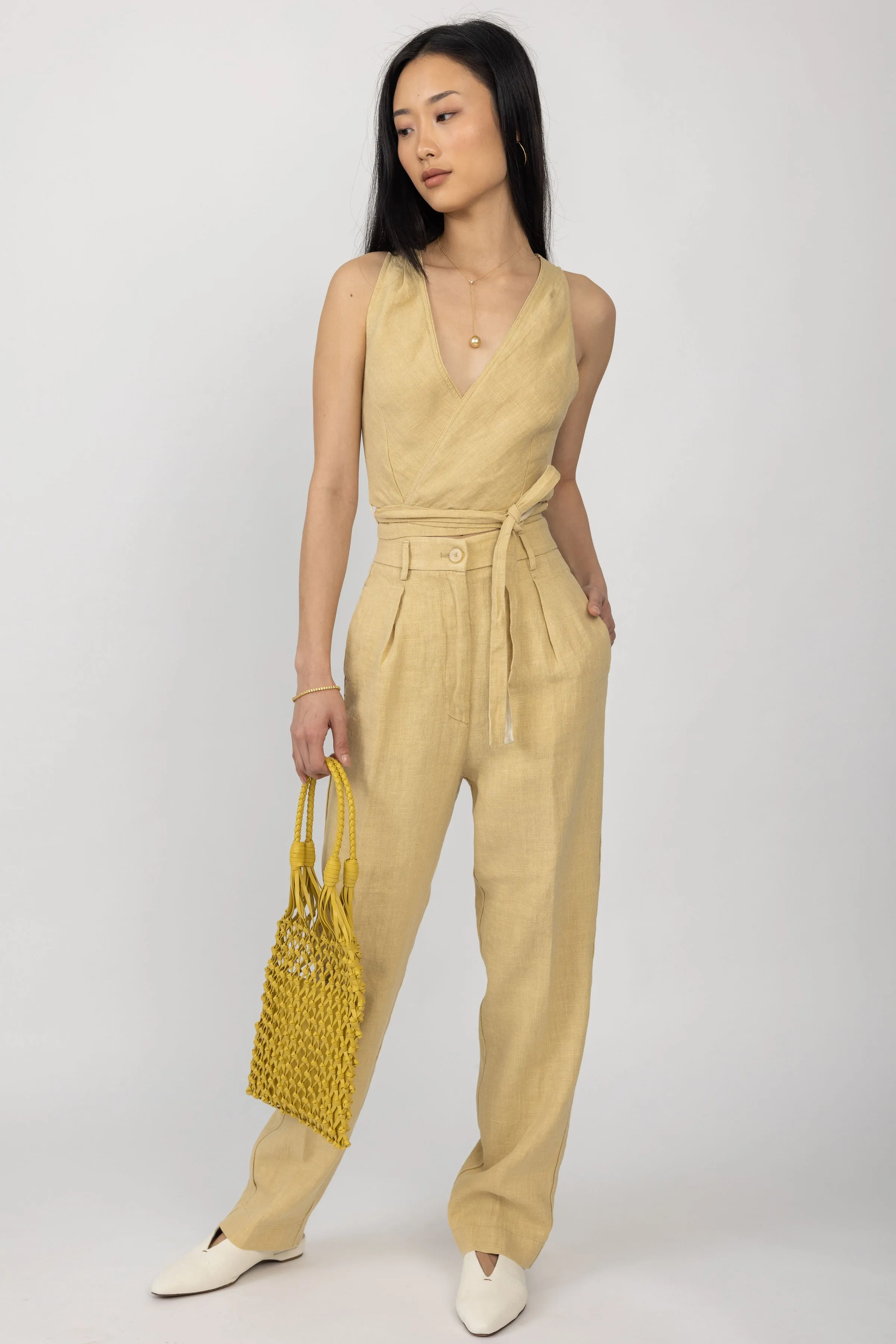 Linen Canvas High Waist Pant in Gold
