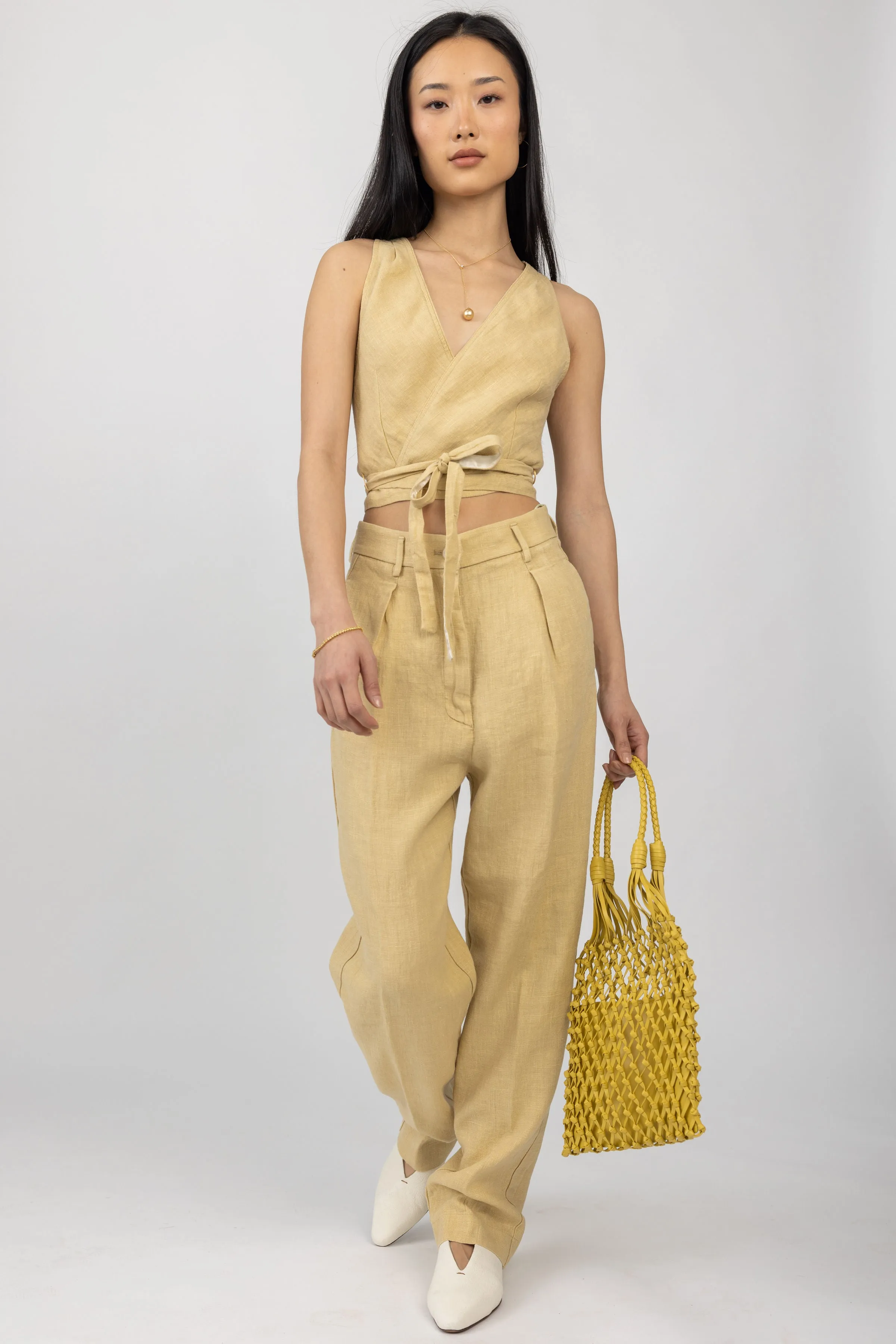 Linen Canvas High Waist Pant in Gold