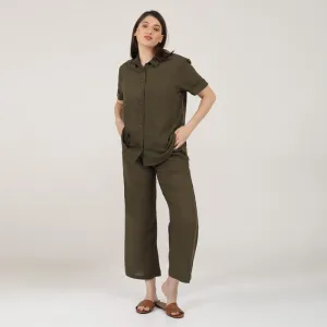 Linen Co-Ords Set for Women | Olive Green | Shirt & Pant Set