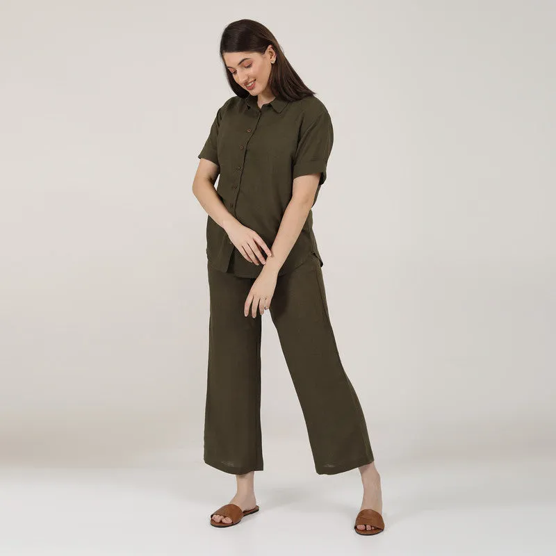 Linen Co-Ords Set for Women | Olive Green | Shirt & Pant Set