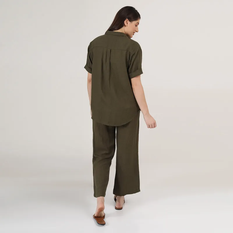 Linen Co-Ords Set for Women | Olive Green | Shirt & Pant Set