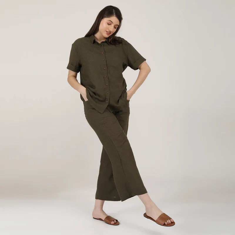 Linen Co-Ords Set for Women | Olive Green | Shirt & Pant Set