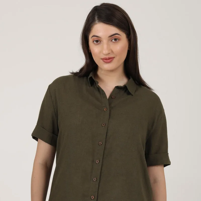 Linen Co-Ords Set for Women | Olive Green | Shirt & Pant Set