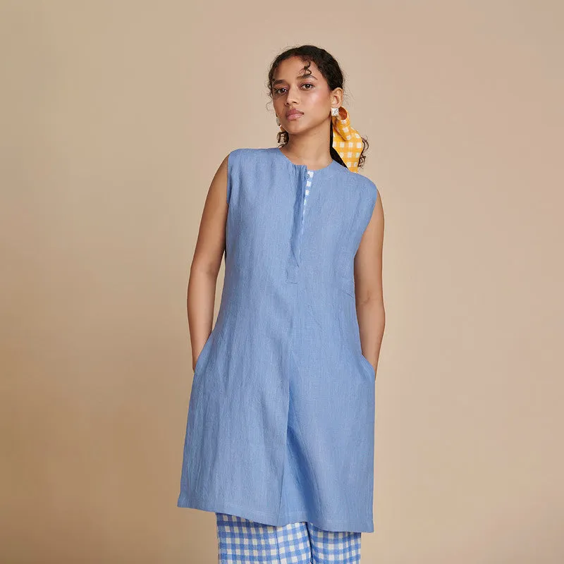 Linen Sleeveless Kurta Set for Women | Blue