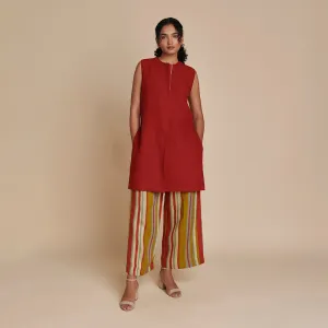 Linen Sleeveless Kurta Set for Women | Red | Relax Fit