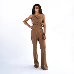 Linen Straight Fit Pants For Women | Brown