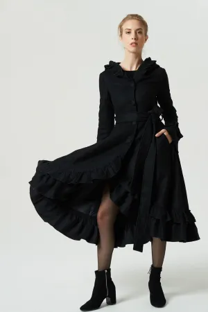 long black ruffled wool coat for women 1970#