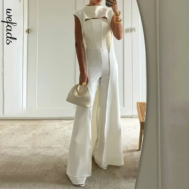 Long Cape Top & Nipped Waist Wide Pants Two-Piece Set Clothes