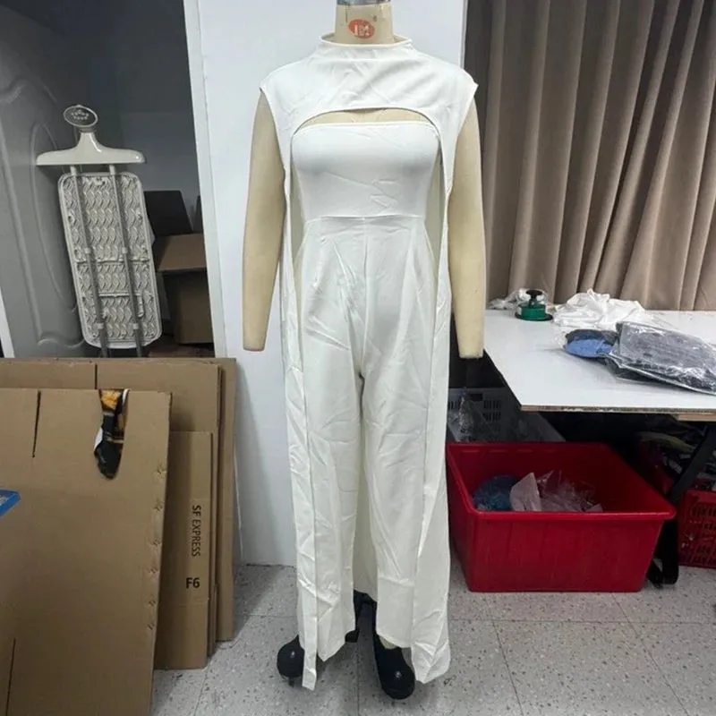 Long Cape Top & Nipped Waist Wide Pants Two-Piece Set Clothes