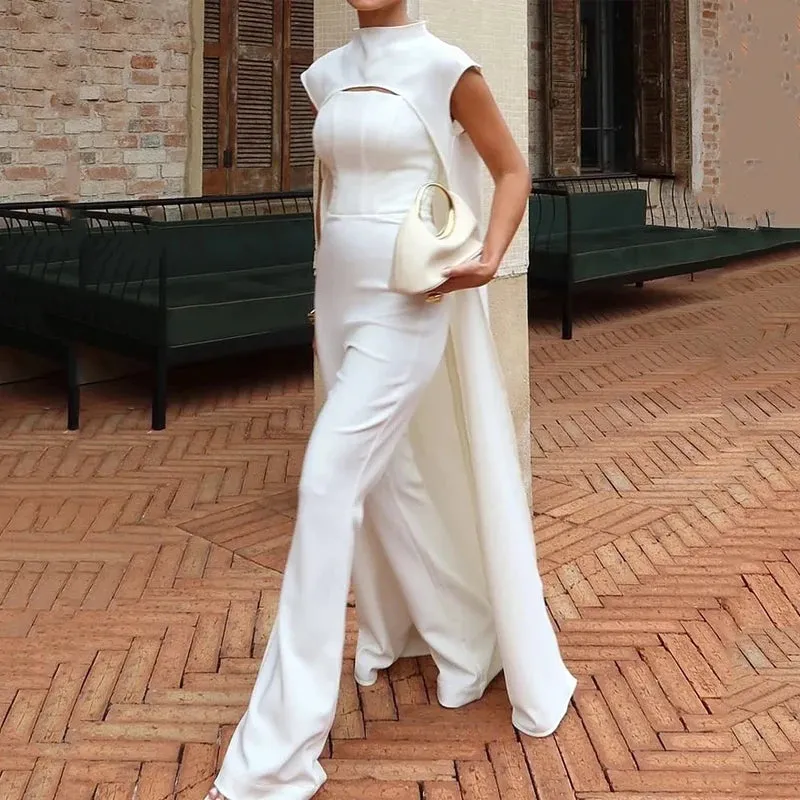 Long Cape Top & Nipped Waist Wide Pants Two-Piece Set Clothes