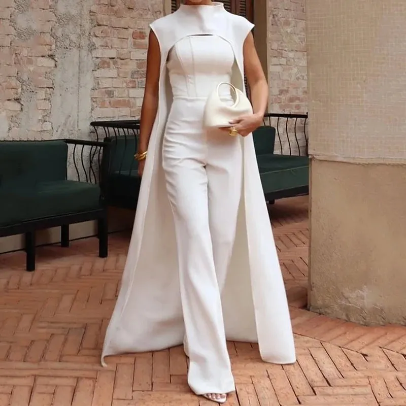 Long Cape Top & Nipped Waist Wide Pants Two-Piece Set Clothes
