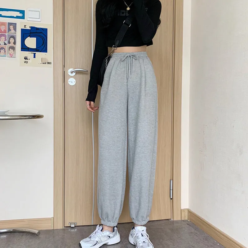 Loose Jogger Pants Plus Size High Waist Gray Sport Slim Look All-Matching Wide Leg Casual Women Activewear