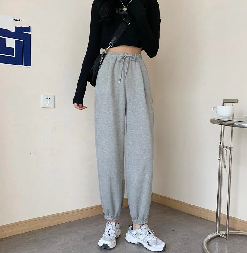 Loose Jogger Pants Plus Size High Waist Gray Sport Slim Look All-Matching Wide Leg Casual Women Activewear