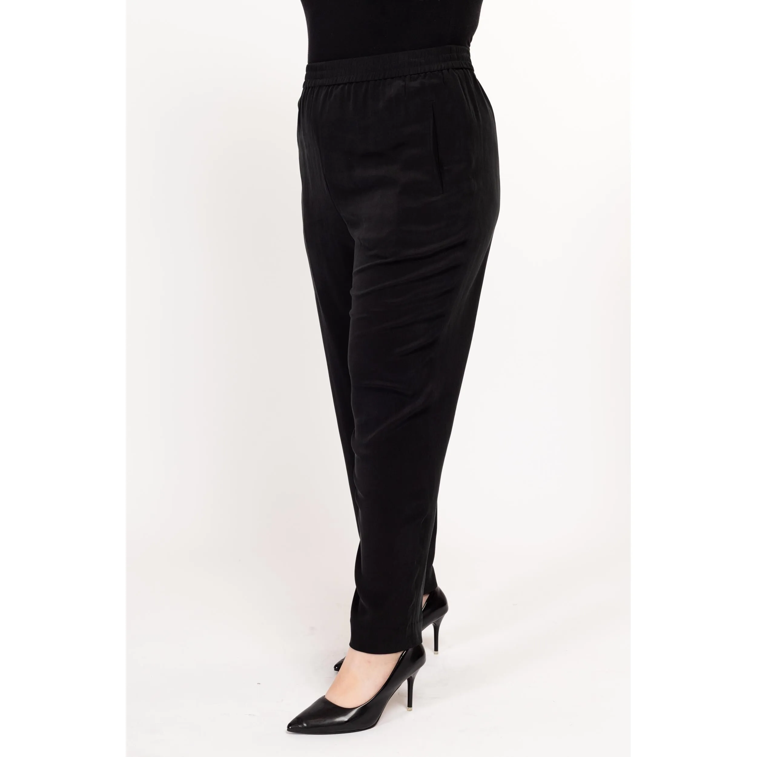 Lrg-XL 80s Black Silk High Waisted Trousers 32"-38"