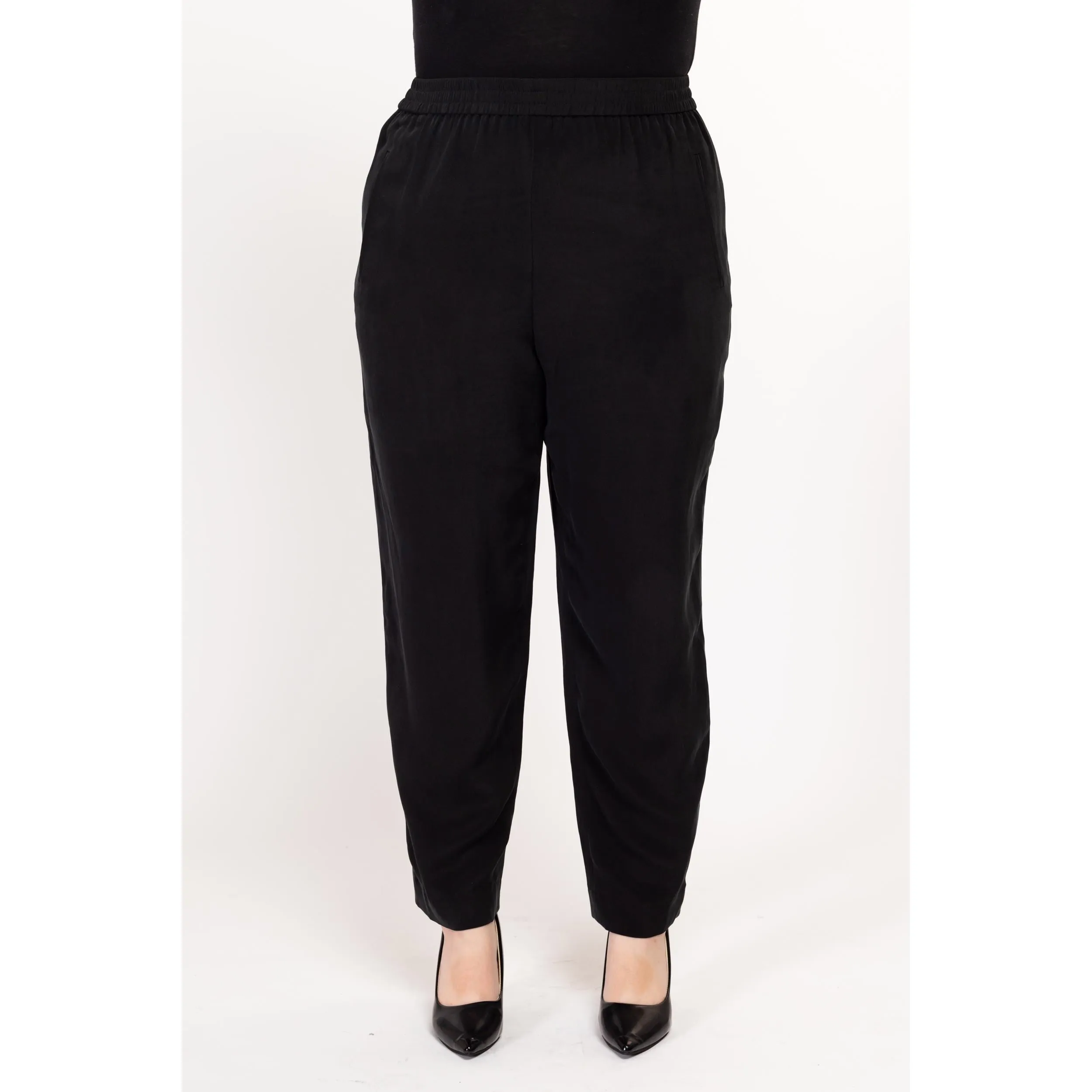 Lrg-XL 80s Black Silk High Waisted Trousers 32"-38"