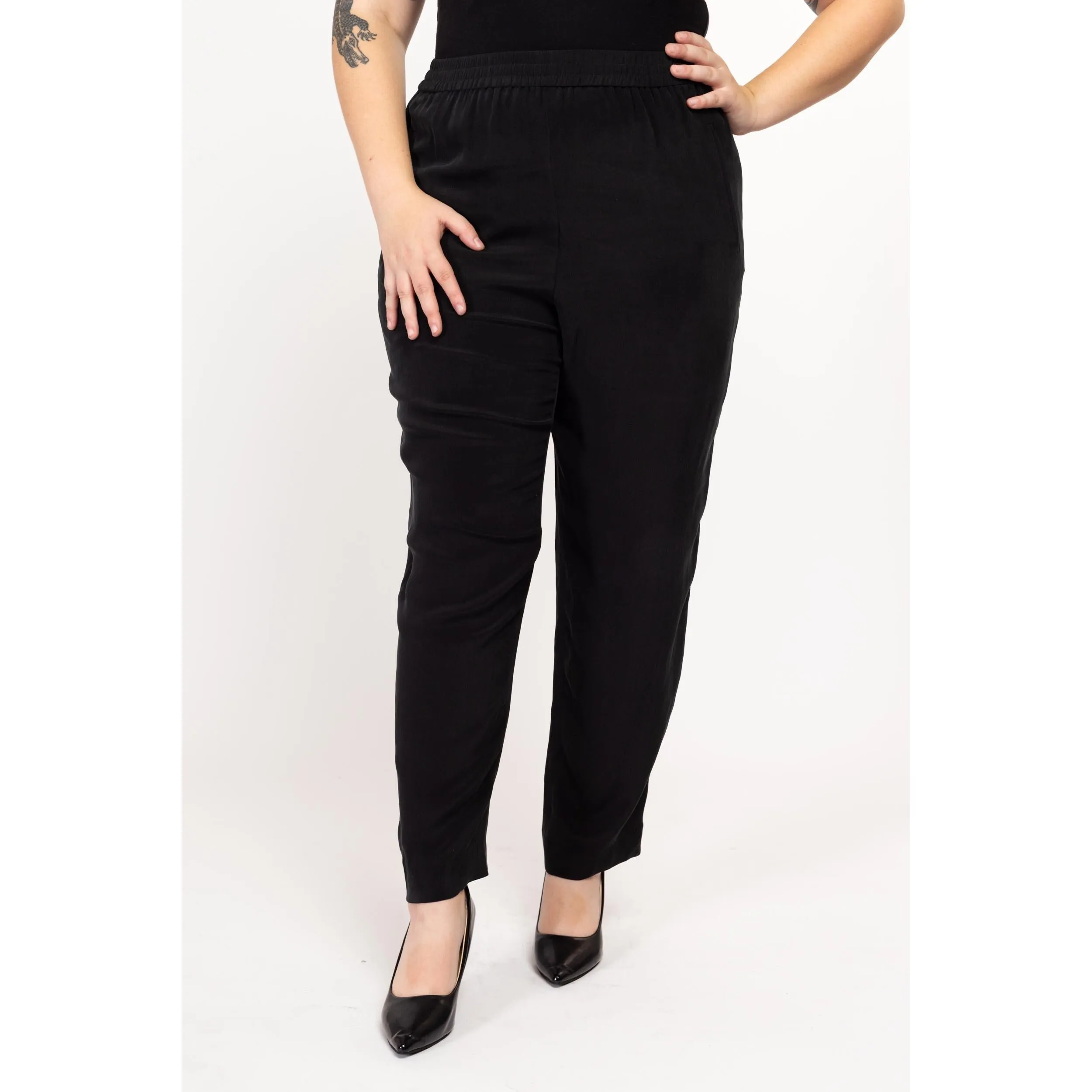 Lrg-XL 80s Black Silk High Waisted Trousers 32"-38"